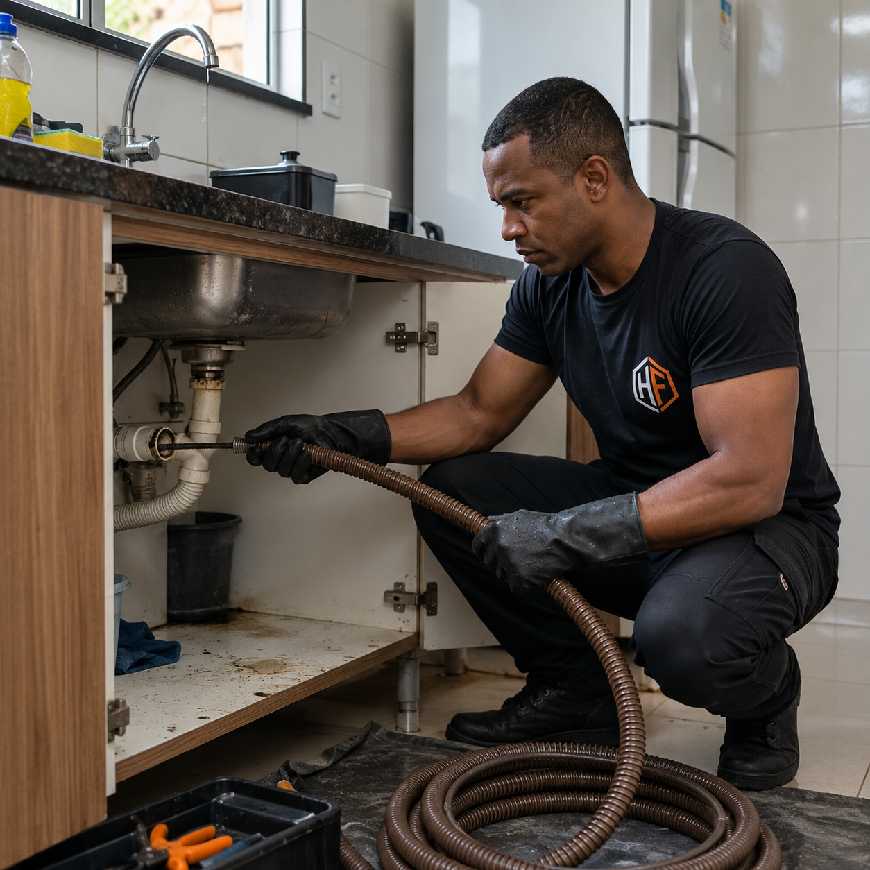 Man in red shirt works on pipes under a sink.