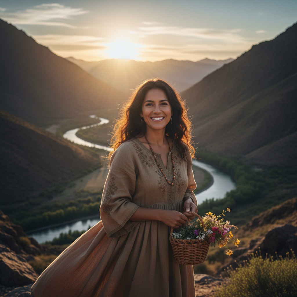 Uma mulher sorri enquanto segura uma cesta de flores em um vale montanhoso ao pôr do sol, com um rio serpenteando ao fundo.